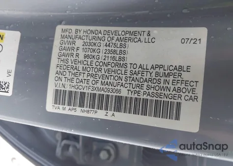 2021 Honda Accord Sport z USA, uszkodzony, nr VIN 1HGCV1F3XMA093066